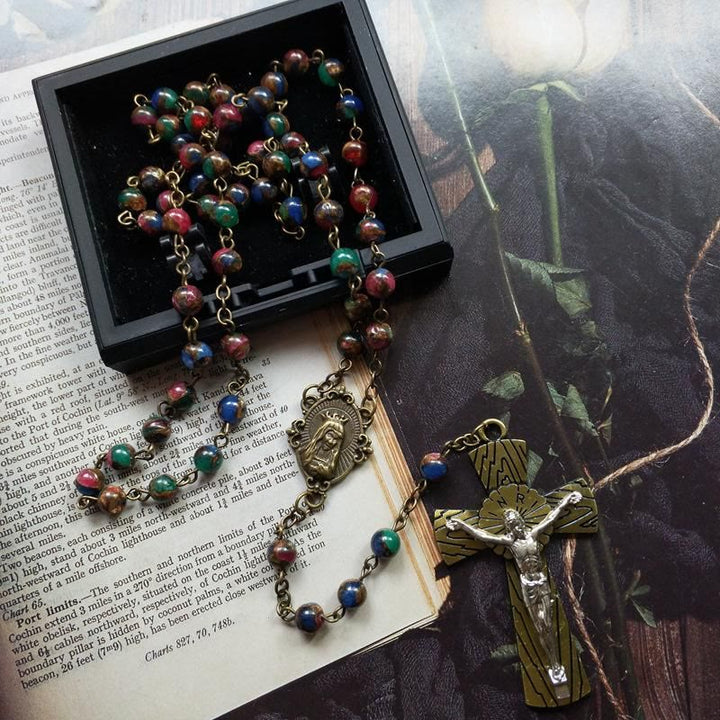 Christianartworkshop Virgin Mary & Crucifix of 6 mm Round Multicolor Stone Alloy Chain Rosary - image 1