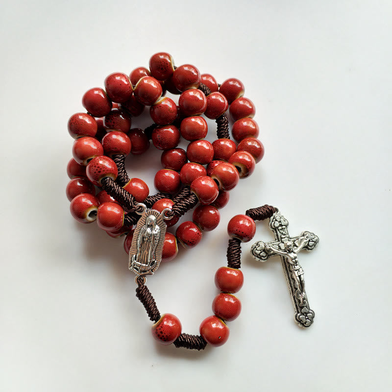 Christianartworkshop Our Lady of Guadalupe & Crucifix of 10 mm Round Red Ceramic Nylon Cord Rosary - image 5