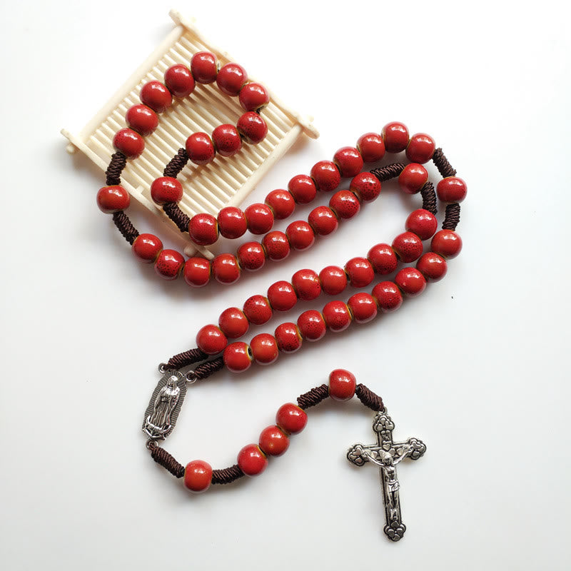 Christianartworkshop Our Lady of Guadalupe & Crucifix of 10 mm Round Red Ceramic Nylon Cord Rosary - image 3