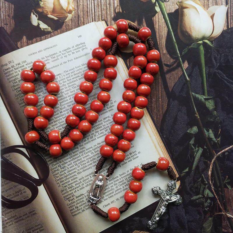 Christianartworkshop Our Lady of Guadalupe & Crucifix of 10 mm Round Red Ceramic Nylon Cord Rosary - image 1