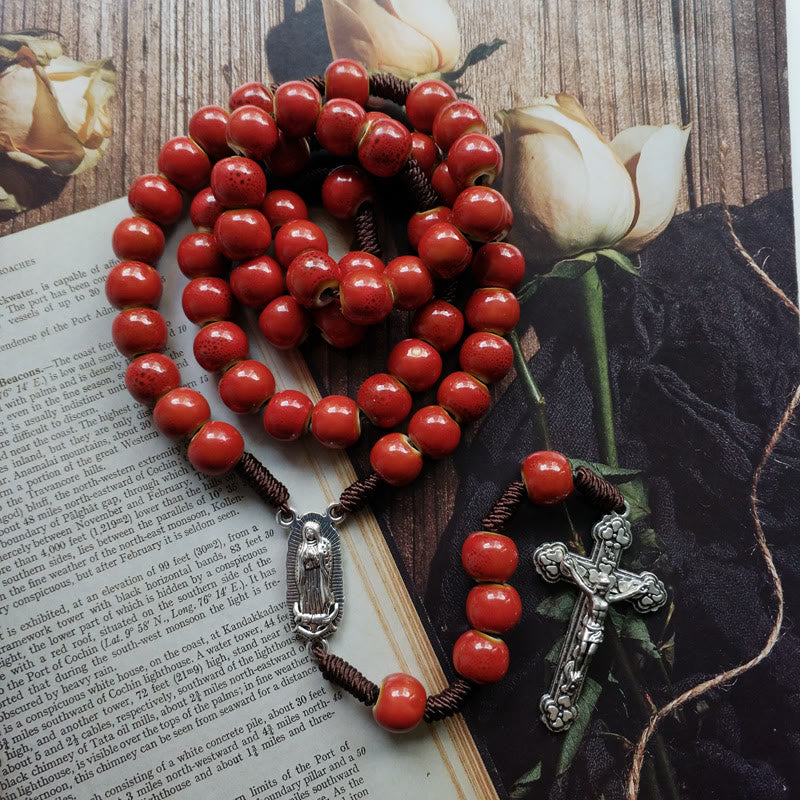 Christianartworkshop Our Lady of Guadalupe & Crucifix of 10 mm Round Red Ceramic Nylon Cord Rosary - image 2