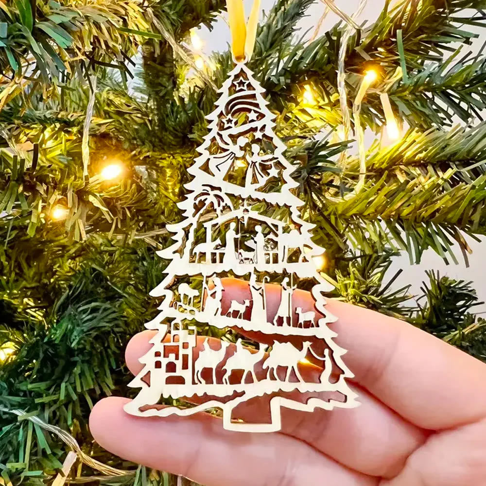 Christianartworkshop Classic Style Nativity Scene Tree-Shaped Wooden Christmas Nativity Hanging Ornaments - Nativity Scene - image 0