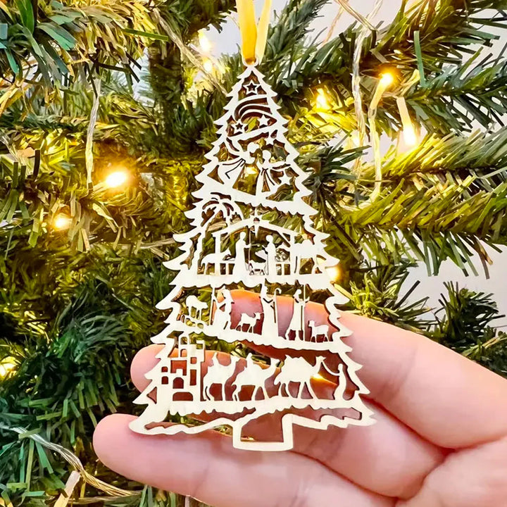 Christianartworkshop Classic Style Nativity Scene Tree-Shaped Wooden Christmas Nativity Hanging Ornaments - Nativity Scene - image 0