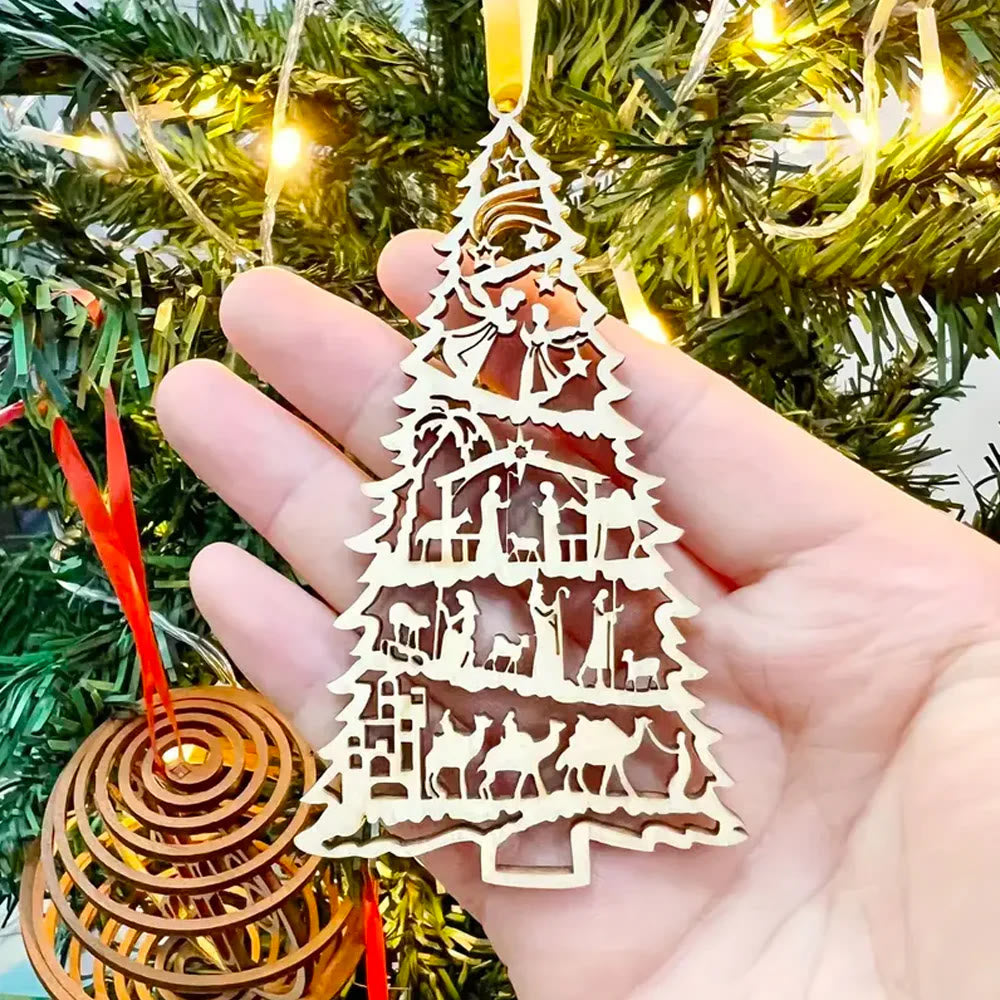 Christianartworkshop Classic Style Nativity Scene Tree-Shaped Wooden Christmas Nativity Hanging Ornaments - image 2