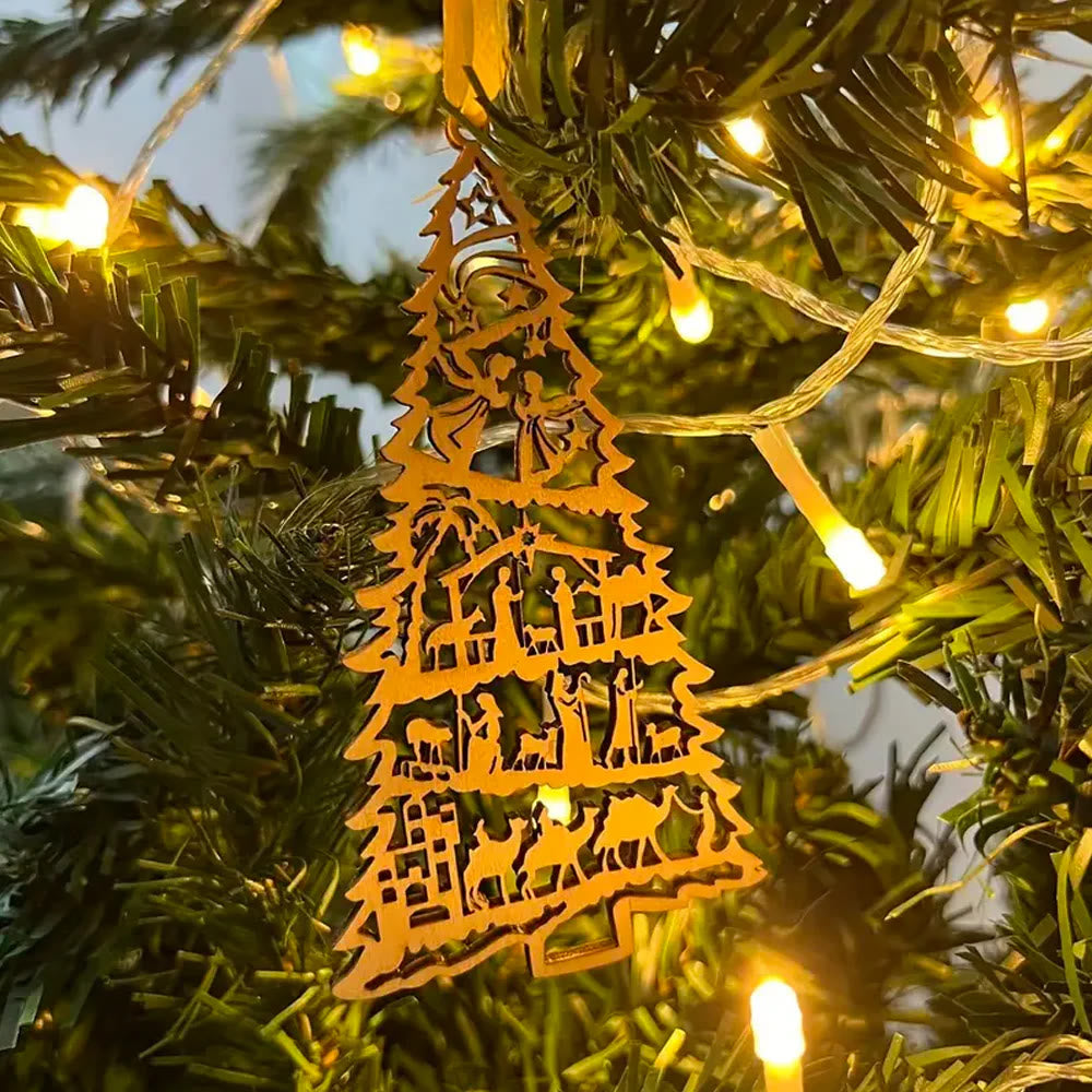 Christianartworkshop Classic Style Nativity Scene Tree-Shaped Wooden Christmas Nativity Hanging Ornaments - image 1