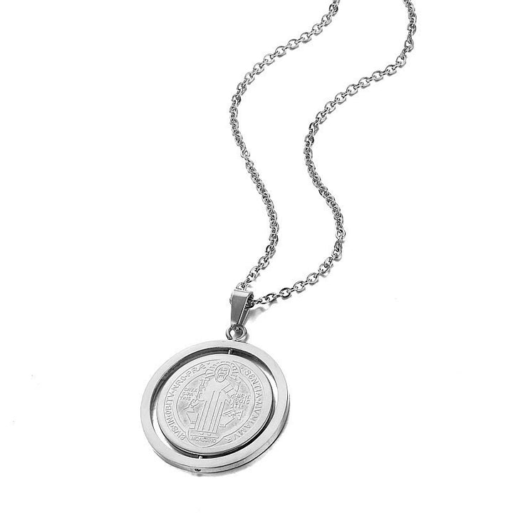 Christianartworkshop Classic Style Dual-Sided Rotatable St. Benedict Medal Pendant Necklace - Silver - image 3