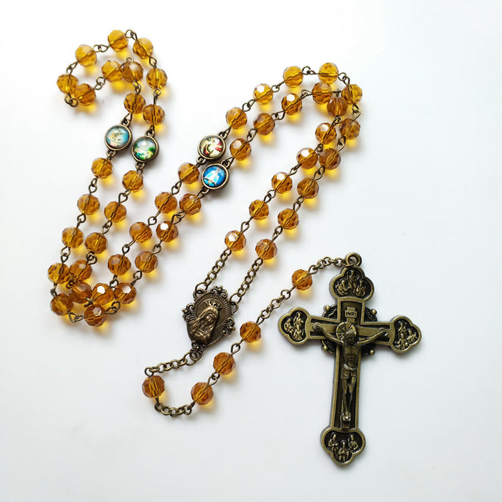 Christianartworkshop Virgin Mary & Crucifix of 8 mm Polyhedron Yellow Glass Alloy Chain Rosary - image 2
