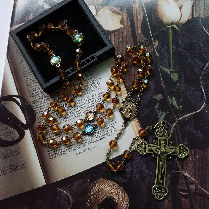 Christianartworkshop Virgin Mary & Crucifix of 8 mm Polyhedron Yellow Glass Alloy Chain Rosary - image 1