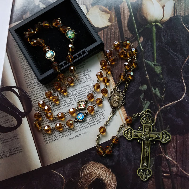 Christianartworkshop Virgin Mary & Crucifix of 8 mm Polyhedron Yellow Glass Alloy Chain Rosary - image 1