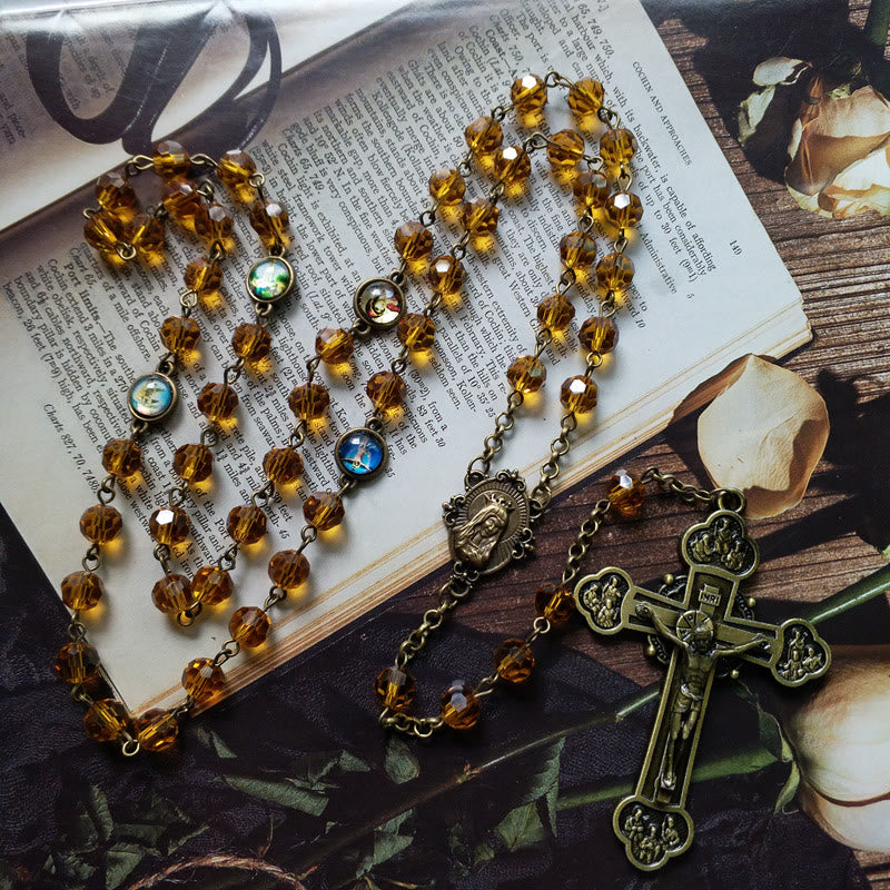 Christianartworkshop Virgin Mary & Crucifix of 8 mm Polyhedron Yellow Glass Alloy Chain Rosary - Virgin Mary & Crucifix - image 0