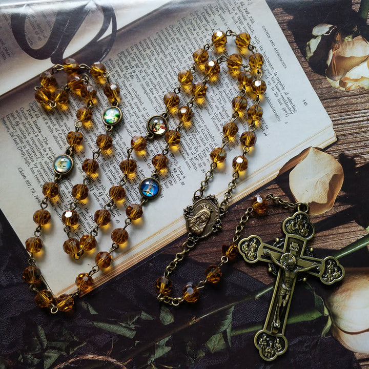 Christianartworkshop Virgin Mary & Crucifix of 8 mm Polyhedron Yellow Glass Alloy Chain Rosary - Virgin Mary & Crucifix - image 0