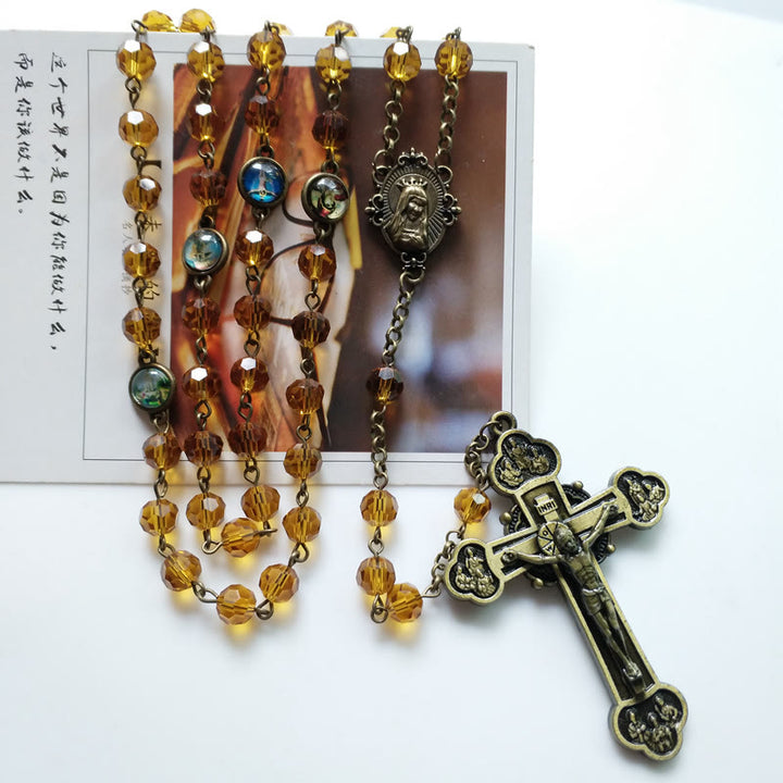 Christianartworkshop Virgin Mary & Crucifix of 8 mm Polyhedron Yellow Glass Alloy Chain Rosary - image 6