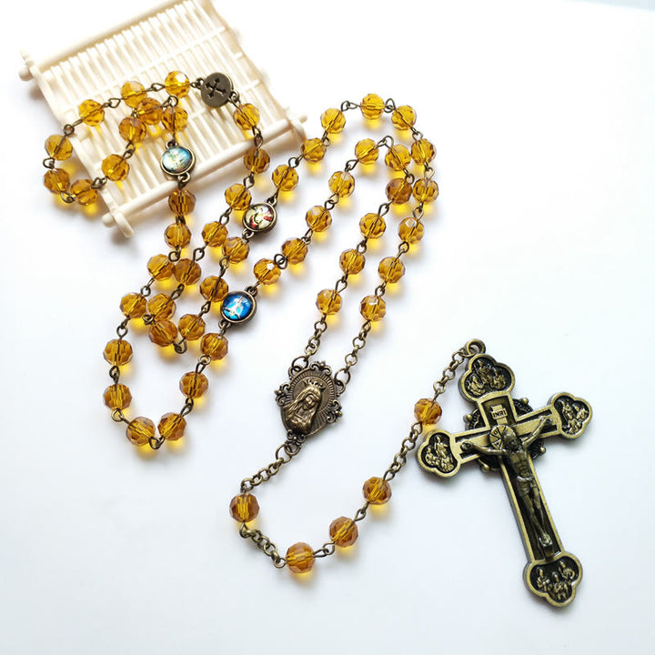 Christianartworkshop Virgin Mary & Crucifix of 8 mm Polyhedron Yellow Glass Alloy Chain Rosary - image 3