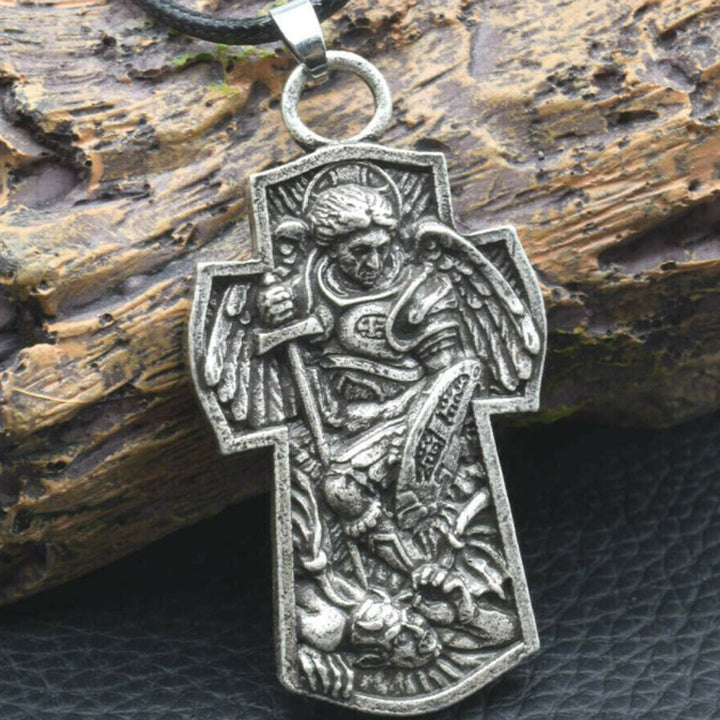 Christianartworkshop St. Michael the Archangel Protect Us Medal Titanium Pendant Necklace - Silver - Leather Cord - image 5