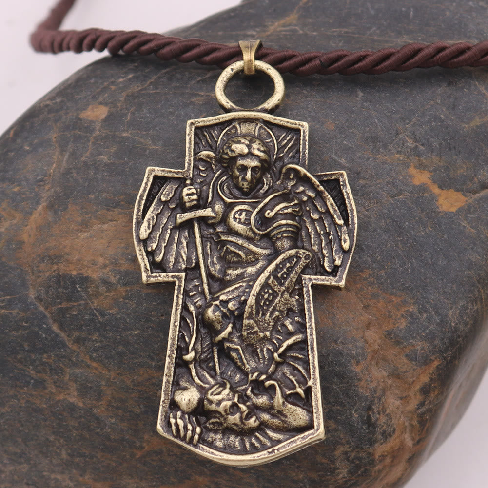 Christianartworkshop St. Michael the Archangel Protect Us Medal Titanium Pendant Necklace - Golden - Cotton Rope - image 1