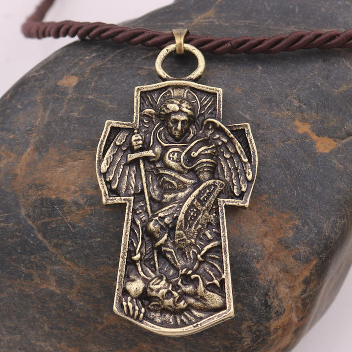 Christianartworkshop St. Michael the Archangel Protect Us Medal Titanium Pendant Necklace - Golden - Cotton Rope - image 1