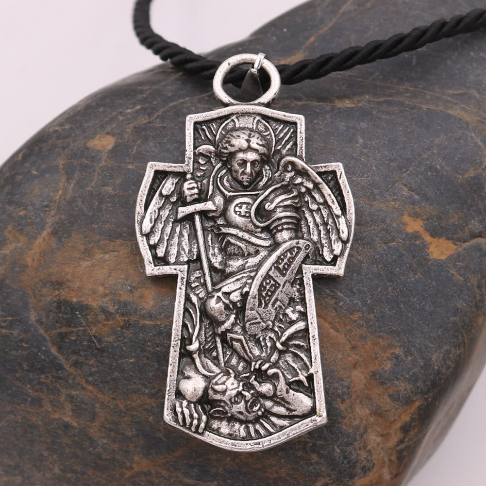 Christianartworkshop St. Michael the Archangel Protect Us Medal Titanium Pendant Necklace - Silver - Cotton Rope - image 0