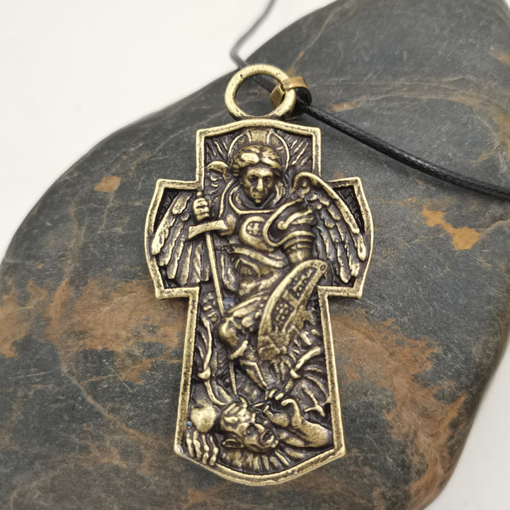 Christianartworkshop St. Michael the Archangel Protect Us Medal Titanium Pendant Necklace - Golden - Leather Cord - image 4