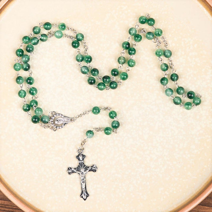 Christianartworkshop Our Lady of Rosary & Crucifix of 6mm Round Green Agate Alloy Chain Rosary