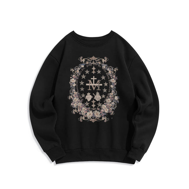 Christianartworkshop Modern Style Floral Cross Virgin Mary Fleece Lined Polyester Sweatshirt - Black - 2XL - image 6