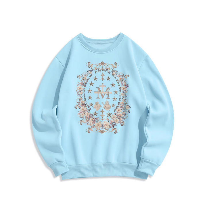 Christianartworkshop Modern Style Floral Cross Virgin Mary Fleece Lined Polyester Sweatshirt - Blue - 2XL - image 13