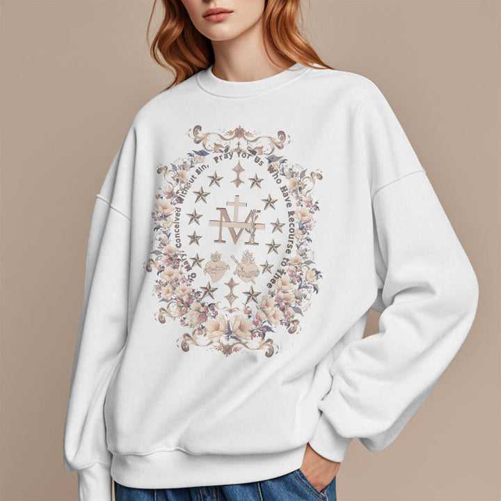 Christianartworkshop Modern Style Floral Cross Virgin Mary Fleece Lined Polyester Sweatshirt - image 4