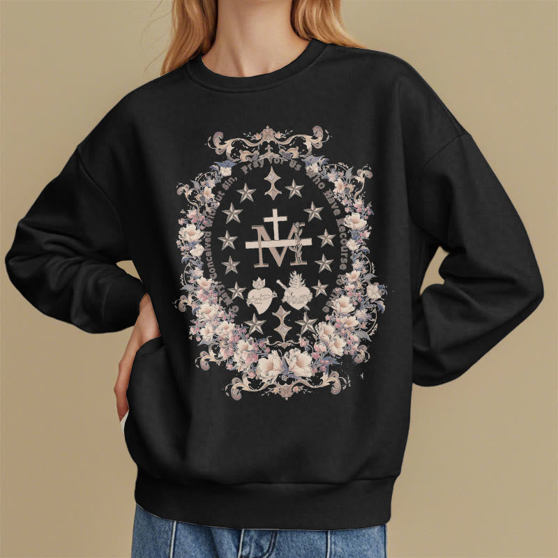 Christianartworkshop Modern Style Floral Cross Virgin Mary Fleece Lined Polyester Sweatshirt - image 7