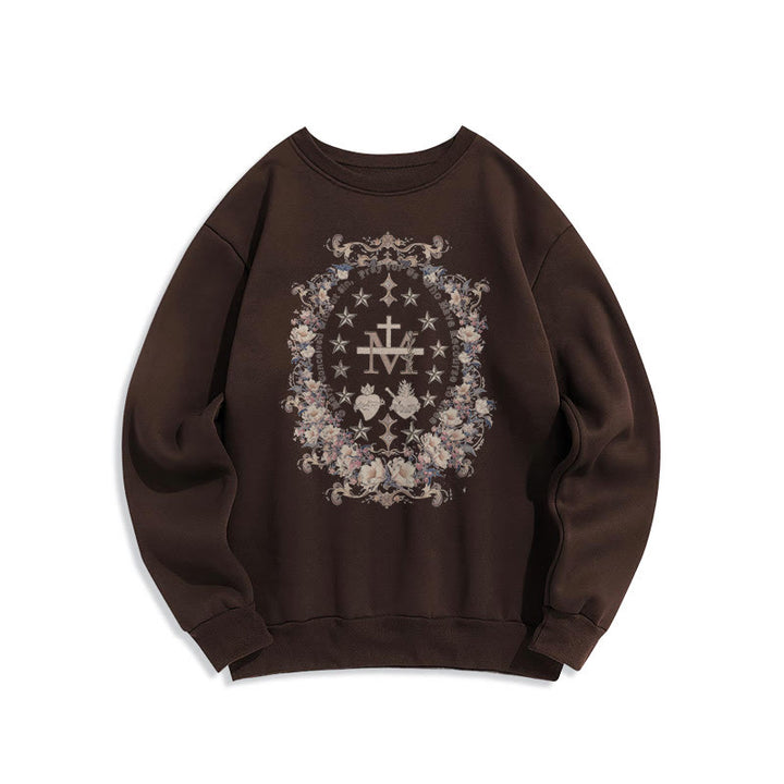 Christianartworkshop Modern Style Floral Cross Virgin Mary Fleece Lined Polyester Sweatshirt - Brown - 2XL - image 10