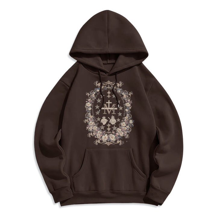 Christianartworkshop Modern Style Floral Cross Virgin Mary Fleece Lined Polyester Hoodie - Brown - 2XL - image 12