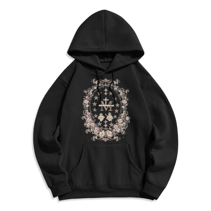 Christianartworkshop Modern Style Floral Cross Virgin Mary Fleece Lined Polyester Hoodie - Black - 2XL - image 6