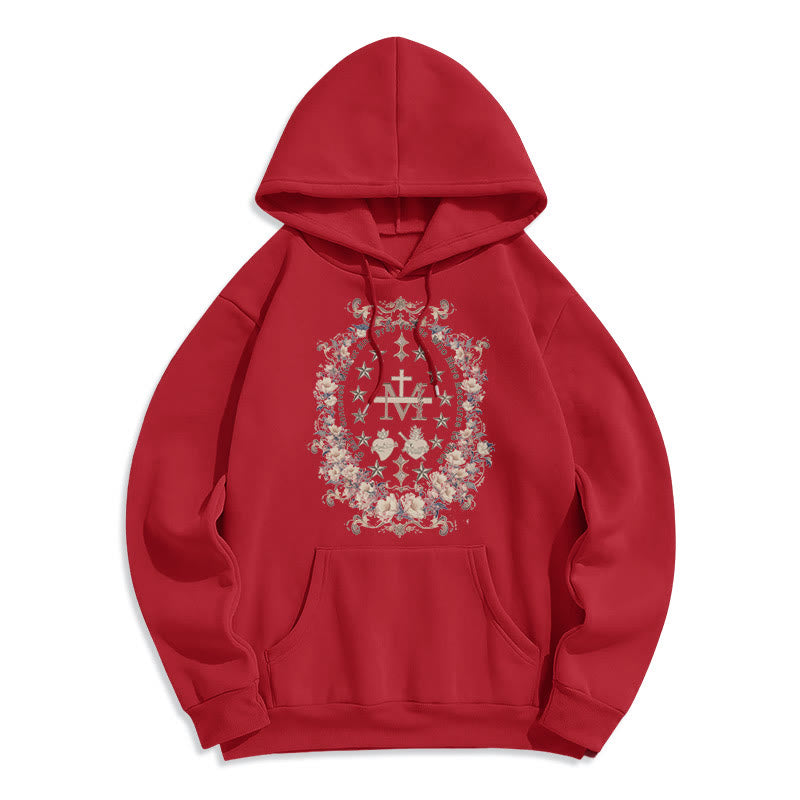 Christianartworkshop Modern Style Floral Cross Virgin Mary Fleece Lined Polyester Hoodie - Red - 2XL - image 18