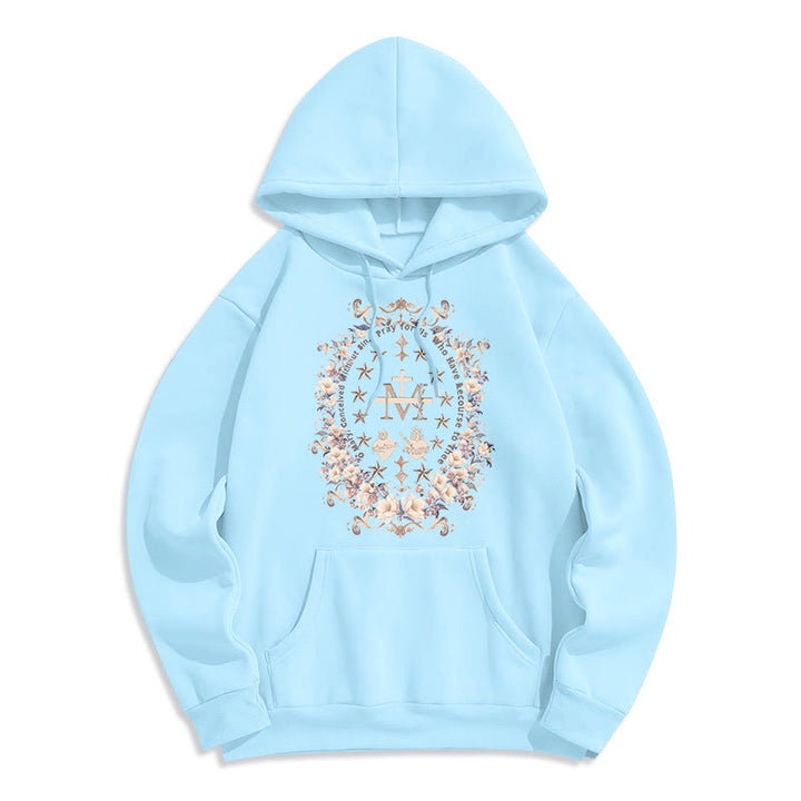 Christianartworkshop Modern Style Floral Cross Virgin Mary Fleece Lined Polyester Hoodie - Blue - 2XL - image 0