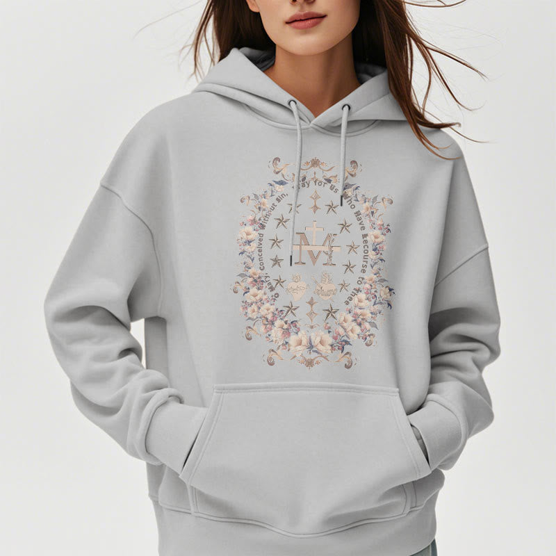 Christianartworkshop Modern Style Floral Cross Virgin Mary Fleece Lined Polyester Hoodie - image 17
