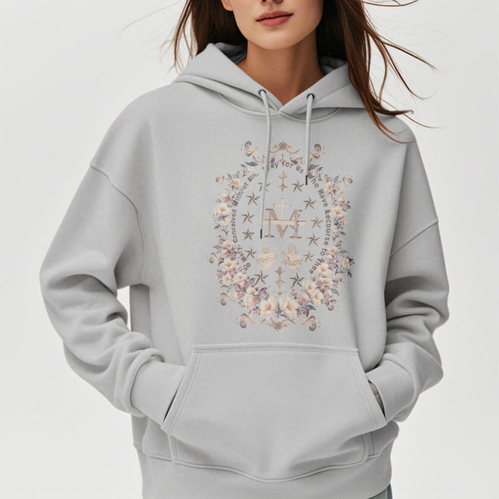 Christianartworkshop Modern Style Floral Cross Virgin Mary Fleece Lined Polyester Hoodie - image 17