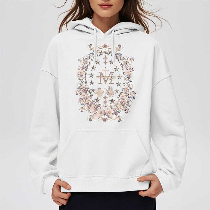 Christianartworkshop Modern Style Floral Cross Virgin Mary Fleece Lined Polyester Hoodie - image 9