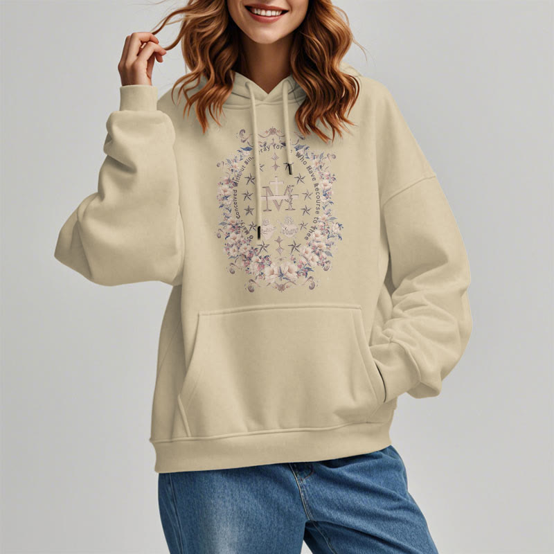 Christianartworkshop Modern Style Floral Cross Virgin Mary Fleece Lined Polyester Hoodie - image 10
