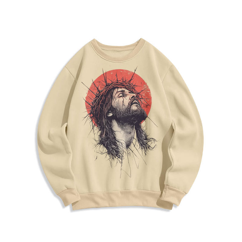 Christianartworkshop Classic Colored Style Jesus Crown of Thorns Fleece Lined Polyester Sweatshirt - Beige - 2XL - image 0