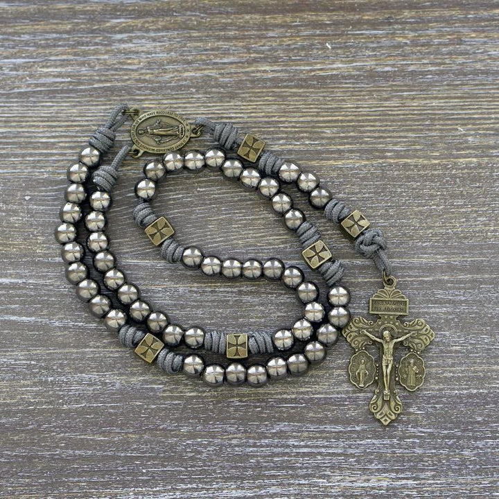 Christianartworkshop Miraculous Medal & Crucifix of 8 mm Round Silver Black Gallstone Nylon Cord Rosary - Miraculous Medal & Crucifix - image 0