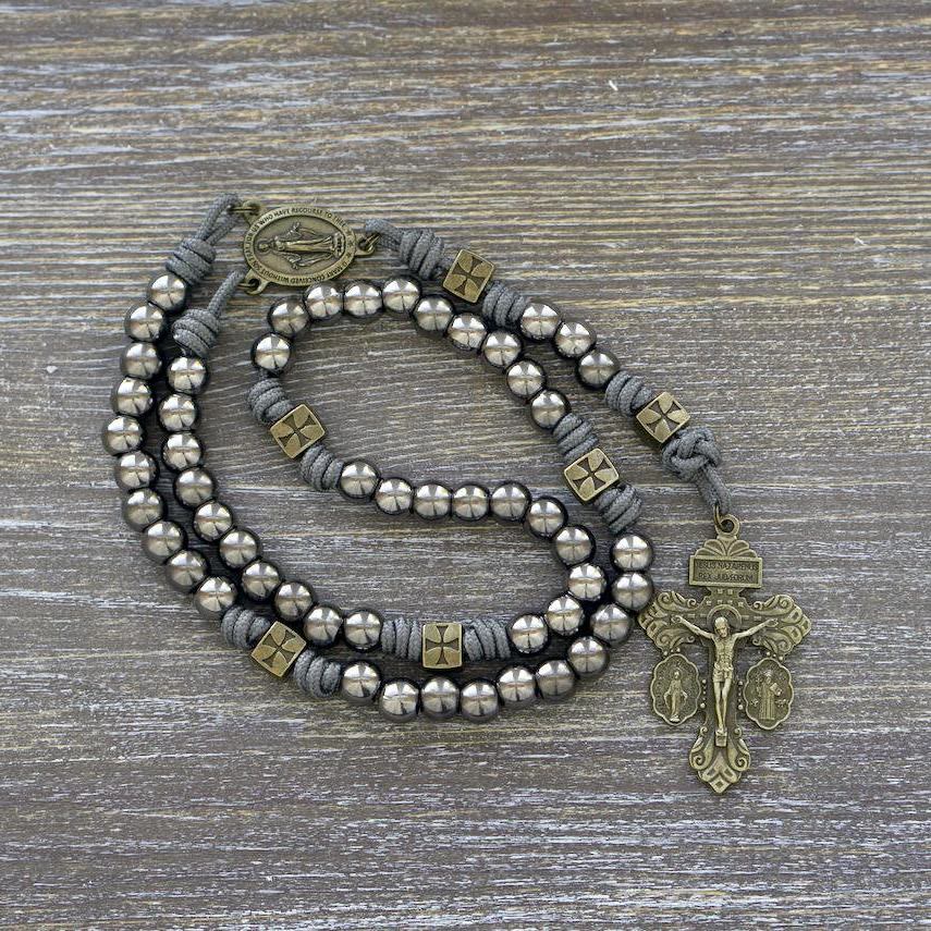 Miraculous Medal & Crucifix of 8 mm Round Silver Black Gallstone Nylon Cord Rosary - Miraculous Medal & Crucifix - image 1