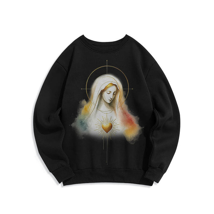 Christianartworkshop Modern Style Halo Sacred Heart Virgin Mary Fleece Lined Polyester Sweatshirt - Black - 2XL - image 6