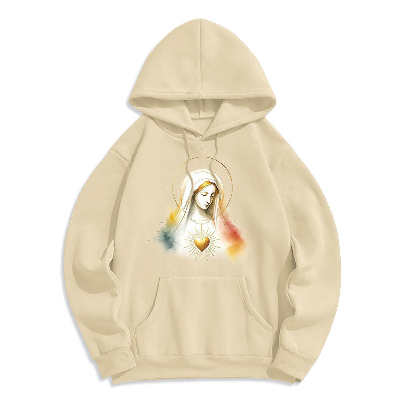 Christianartworkshop Modern Style Halo Sacred Heart Virgin Mary Fleece Lined Polyester Hoodie - Beige - 2XL - image 8