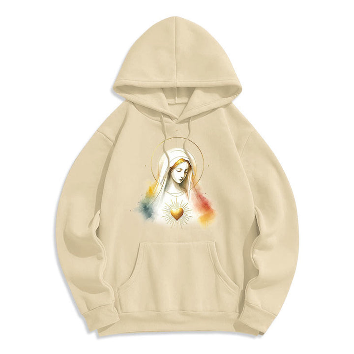 Christianartworkshop Modern Style Halo Sacred Heart Virgin Mary Fleece Lined Polyester Hoodie - Beige - 2XL - image 8