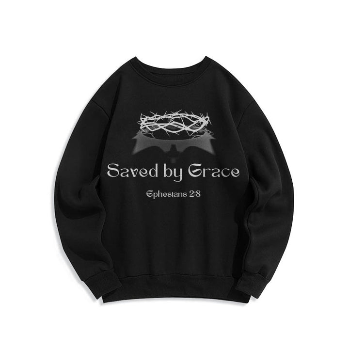 Christianartworkshop Quotation Style Saved By Grace Crown Fleece Lined Polyester Sweatshirt - Black - 2XL - image 6