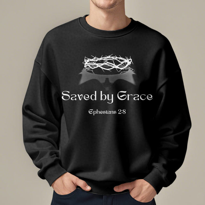 Christianartworkshop Quotation Style Saved By Grace Crown Fleece Lined Polyester Sweatshirt - image 7