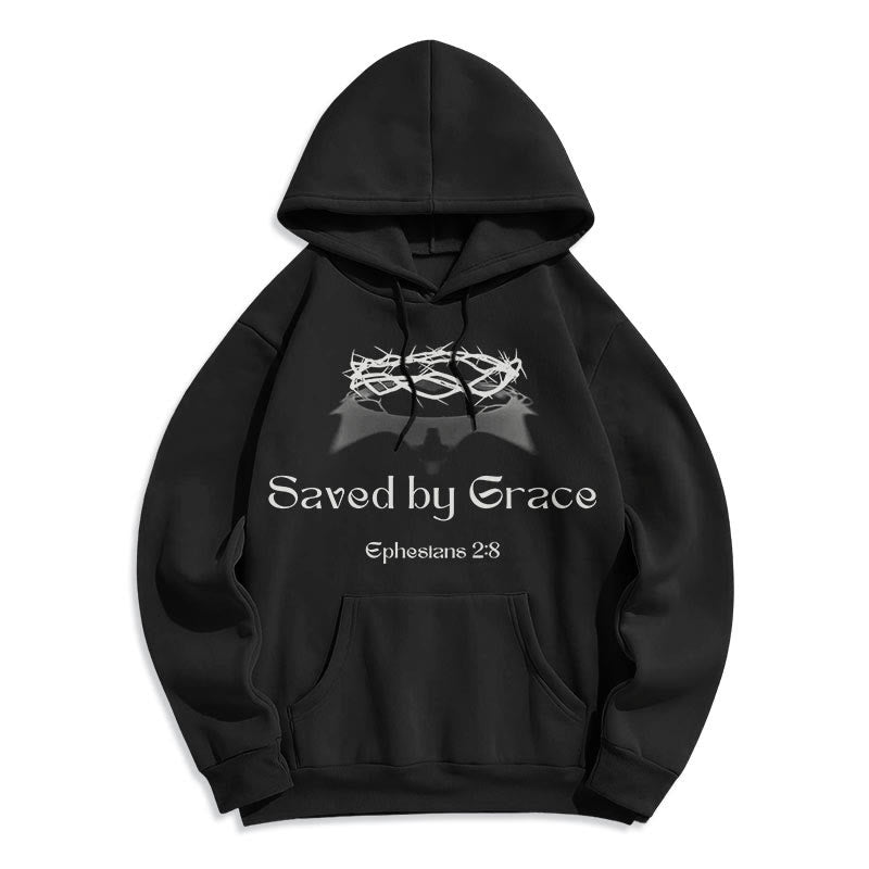 Christianartworkshop Quotation Style Saved By Grace Crown Fleece Lined Polyester Hoodie - image 5
