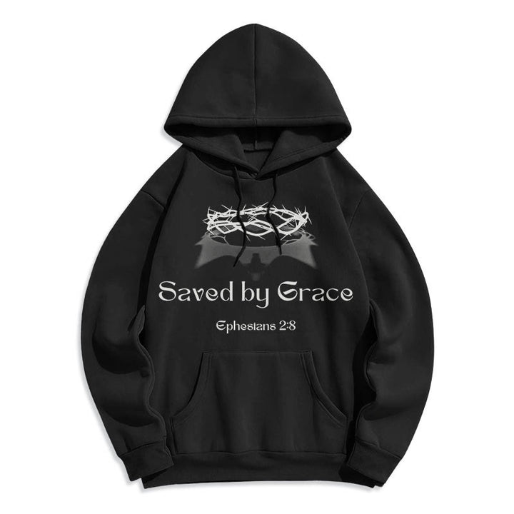 Christianartworkshop Quotation Style Saved By Grace Crown Fleece Lined Polyester Hoodie - image 5