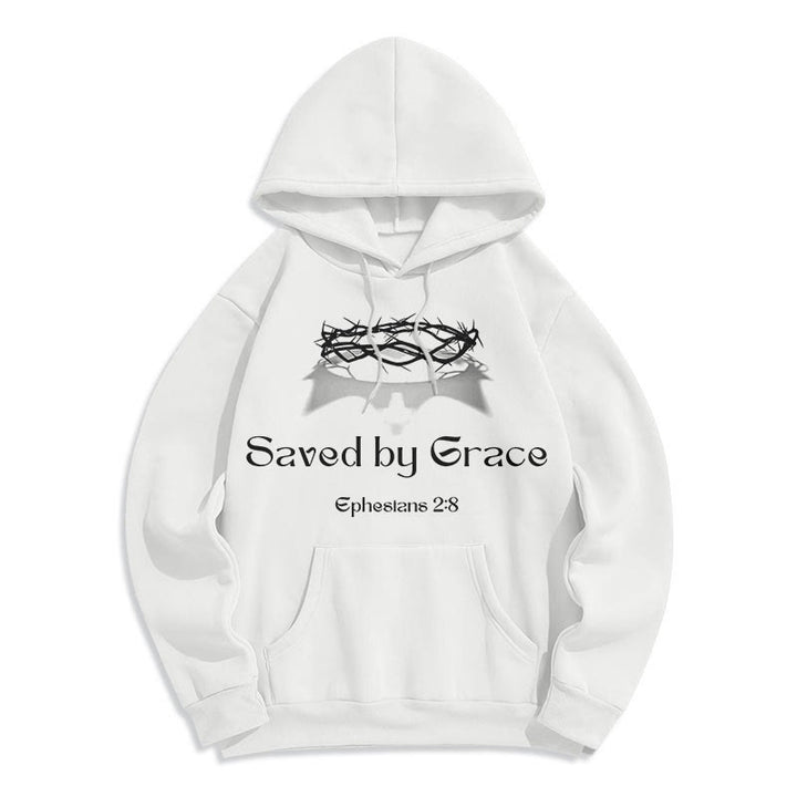 Christianartworkshop Quotation Style Saved By Grace Crown Fleece Lined Polyester Hoodie - White - 2XL - image 8