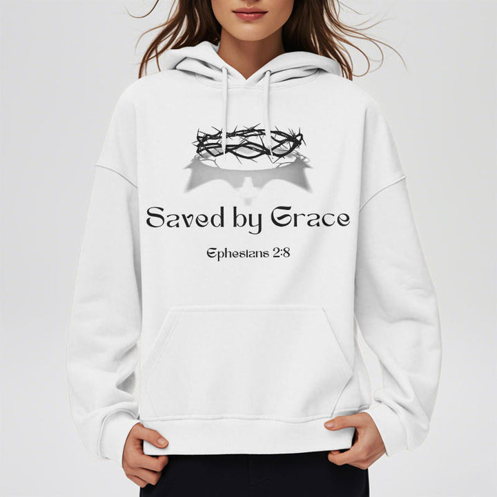 Christianartworkshop Quotation Style Saved By Grace Crown Fleece Lined Polyester Hoodie - image 9