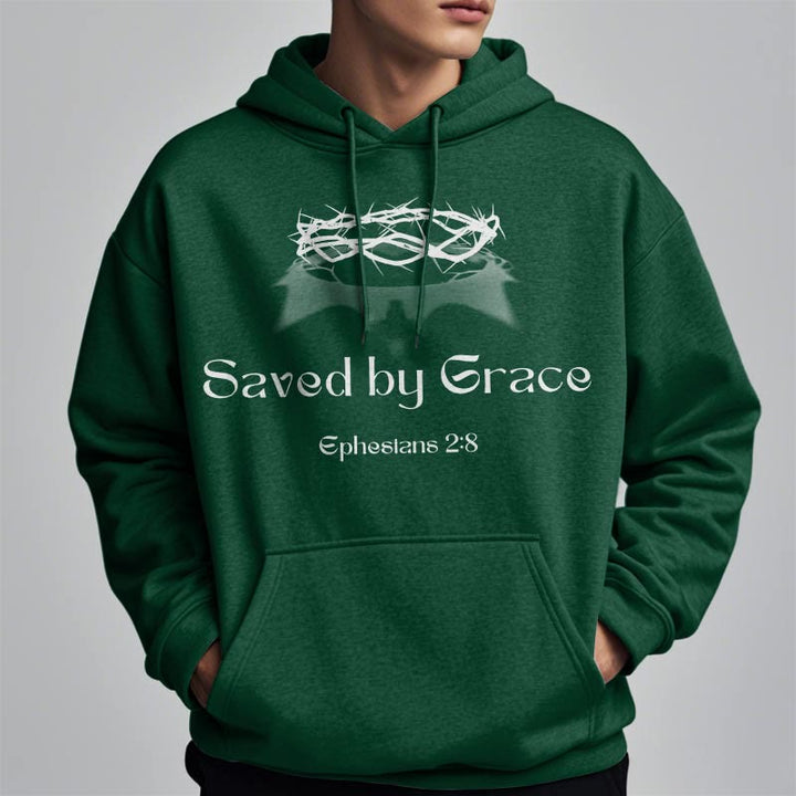Christianartworkshop Quotation Style Saved By Grace Crown Fleece Lined Polyester Hoodie - image 4