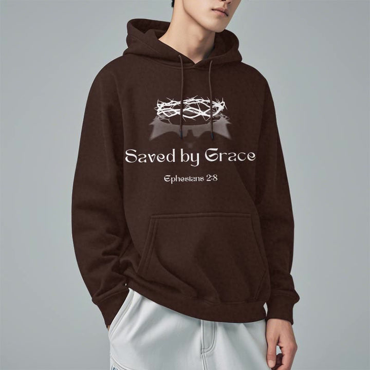 Christianartworkshop Quotation Style Saved By Grace Crown Fleece Lined Polyester Hoodie - image 12